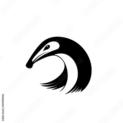 Stylized black icon featuring the head of a bird with flowing lines representing movement and grace
