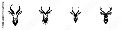 Flat black icon set featuring diverse antelope head designs with prominent horns displayed on a clean white background