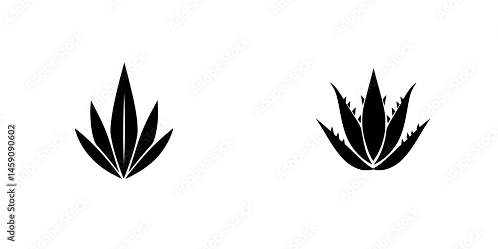 Stylized flat black icon of an agave plant showcasing detailed leaf patterns and sharp, pointed shapes Stylized flat black icon of an agave plant showcasing detailed leaf patterns and sharp, pointed shapes