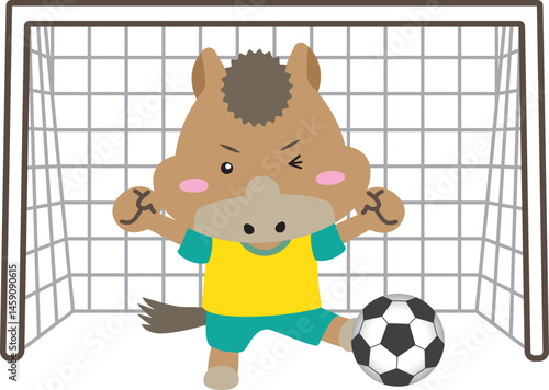 【午年の守護神ストライカー】アクロバティックにボールを蹴るサッカー馬のイラスト｜干支・スポーツ・キャラクター素材