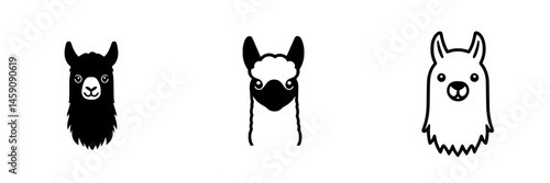 Stylized black icons of llamas featuring distinct expressions and characteristics