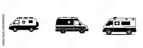 Different styles of flat black ambulances representing emergency medical services and rescue operations in various settings