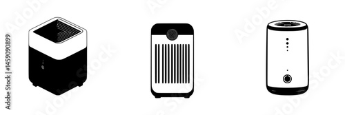 Collection of flat black icons representing different types of home air purifiers and coolers in minimal design