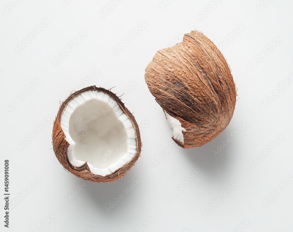 Two halves of a coconut, shell removed, revealing the white inside