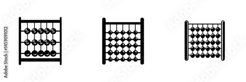 Different styles of flat black abacus icons depicting traditional counting tools used for calculations and educational purposes