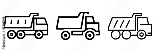 Black icon set of three different dump trucks in flat design style for construction and transportation themes