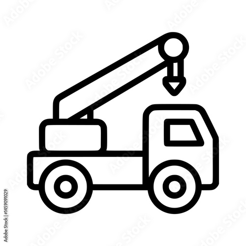 Flat black icon of a truck with a crane arm ready for construction tasks in urban settings