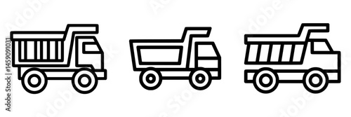 Collection of flat black icons depicting different styles of dump trucks in various positions