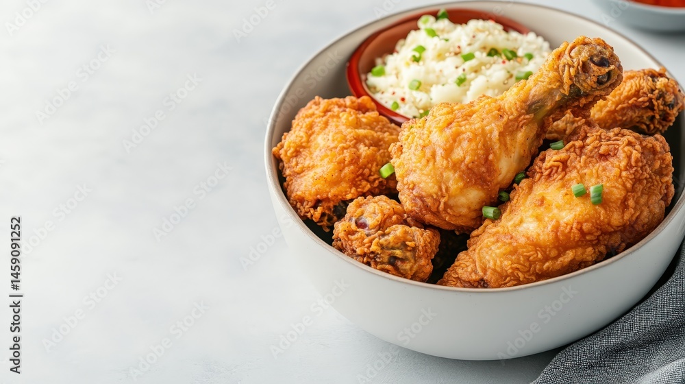 A bowl of crispy fried chicken pieces served with a side of creamy mashed potatoes garnished with green onions. A bowl of crispy fried chicken pieces served with a side of creamy mashed potatoes garnished with green onions.