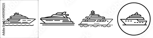 Flat black icons of luxury yachts showcasing various designs and styles for elegant nautical themes