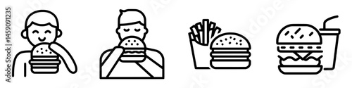 Flat black icons showing people enjoying burgers alongside fries and drinks in a casual dining setting