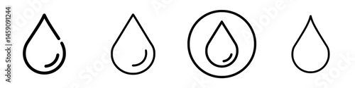Flat black icons representing water droplets in various styles and arrangements for design purposes