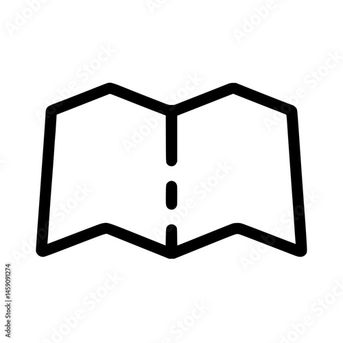 Flat black icon of an open map showing detailed lines and folds representing navigation and exploration