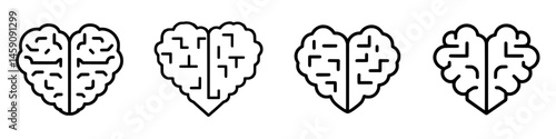 Unique flat black heart brain icons representing love and intellect in minimalistic design