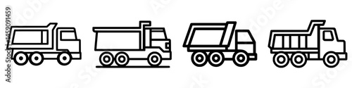 Various flat black icons of dump trucks used for construction and transportation in urban settings during daylight