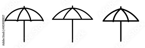 Flat black icon of three beach umbrellas with various designs represented in a minimalist style