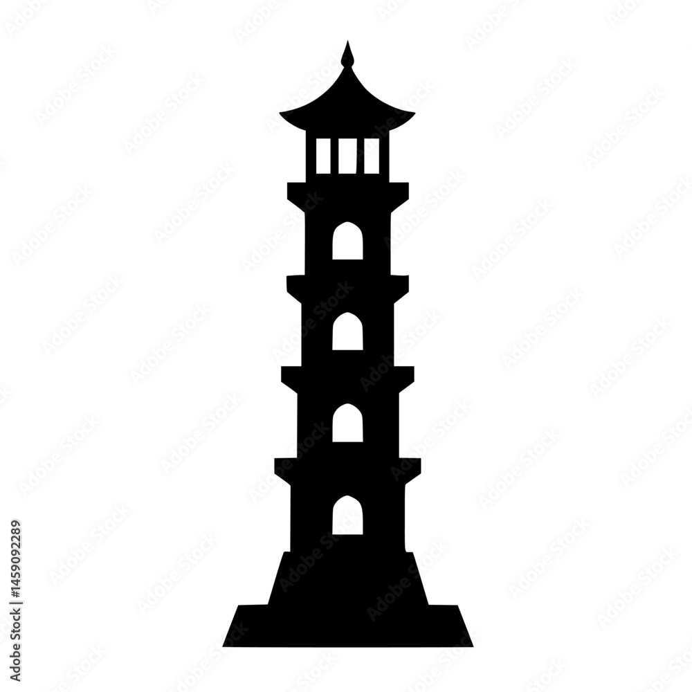 Black flat icon of a traditional pagoda structure commonly found in Asian architecture and landscape design Black flat icon of a traditional pagoda structure commonly found in Asian architecture and landscape design