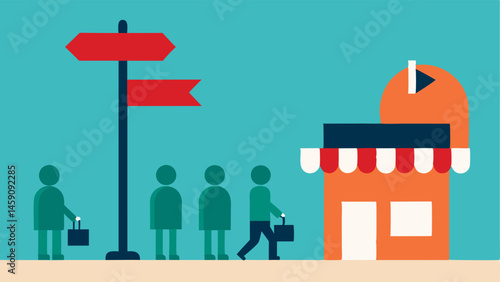 Street Sign An illustration of a street sign pointing toward the stores direction with silhouetted shoppers waiting eagerly beneath it.