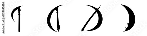 Various flat black icons representing different styles of scythes and curved blades displayed in a row for graphic design purposes