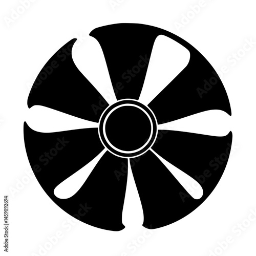 Black flat icon of a fan design featuring multiple blades and a circular center