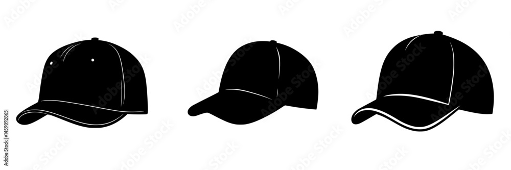 Flat black icon of three different styles of baseball caps displayed side by side showcasing unique designs and shapes Flat black icon of three different styles of baseball caps displayed side by side showcasing unique designs and shapes