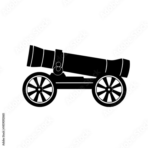 Flat black icon of a cannon on wheels representing historical weaponry in a minimalist design style