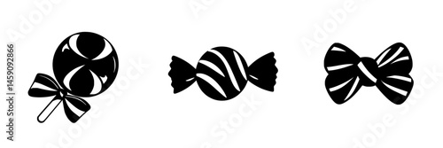 Black flat icon set featuring various candy types including lollipop, wrapped candy, and a bow-shaped candy illustration