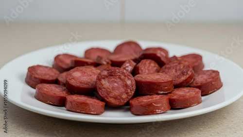 Fried calabresa sausage slices served on a white plate over a clean white background and neutral countertop. Tasty, savory and popular Brazilian appetizer.