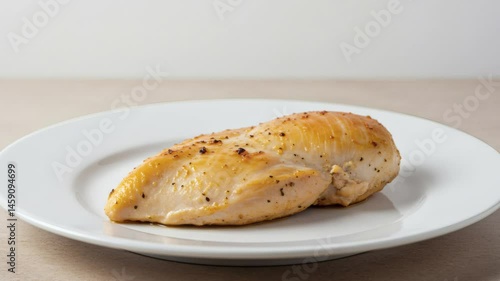 Cooked chicken breast served on a white plate over a clean white background and neutral countertop. Lean, healthy and protein-rich meal option.