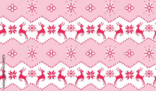 High-resolution Scandinavian-style vector illustration of a pink Christmas seamless pattern. The design features reindeer and snowflakes in pastel colors set against a white background. With a flat de