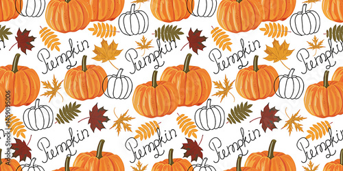 High resolution and high quality vector illustration of an autumn seamless pattern. The design features pumpkins and leaves on a white background, with the text 