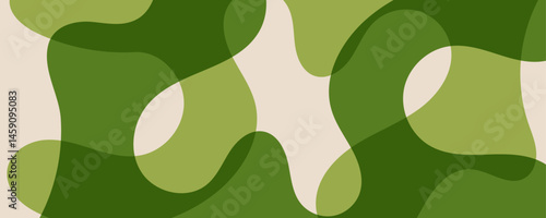 Abstract horizontal background with hand drawn wavy green lines. Abstract background with overlapping organic shapes in various shades of green on a light beige backdrop.