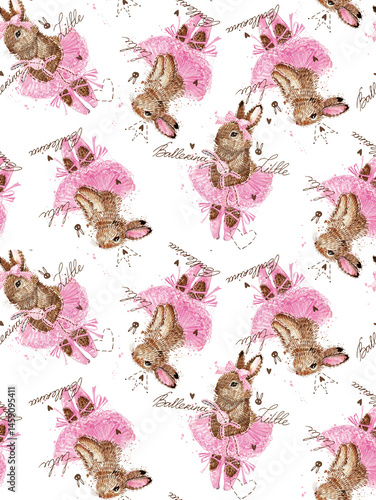 A seamless watercolor - style pattern showcases brown baby bunnies donning pink tutus on a white background, with glitter and sparkles adding a touch of magic. The words 