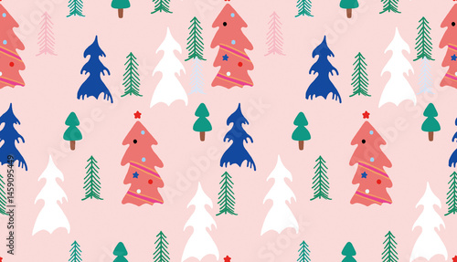 High resolution (300 dpi) and high definition seamless vector graphics of a cute Christmas tree pattern. Set against a pastel pink background, the design features a colorful cartoon style with simple 