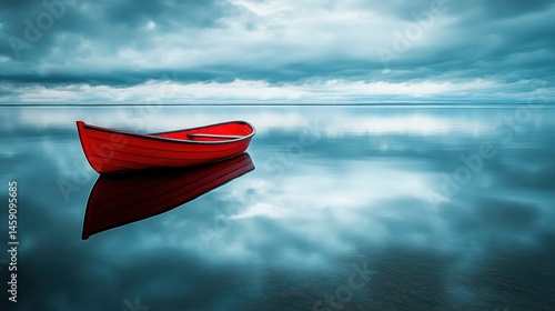 Red boat on still water under dramatic sky