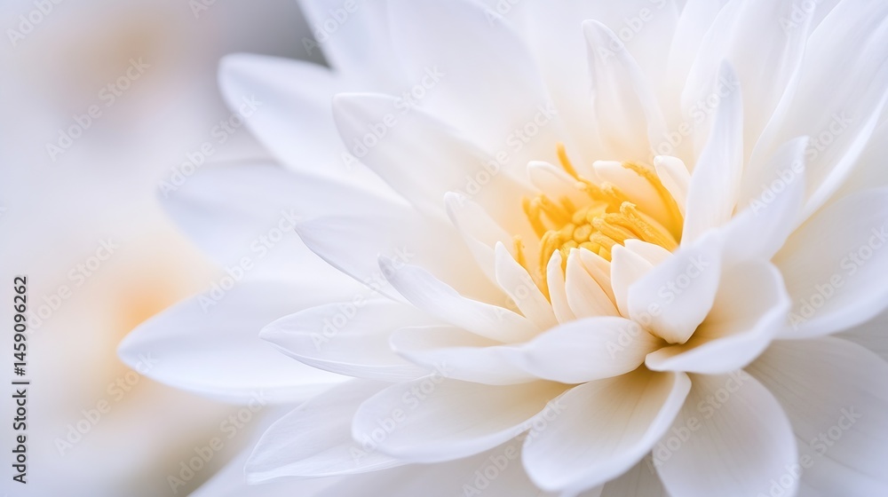 Fototapeta premium Close-up of a pristine white dahlia flower, showcasing delicate petals and a vibrant yellow center. The soft lighting creates a serene and peaceful atmosphere. : Generative AI