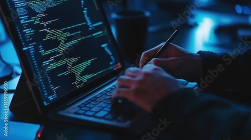 Coding on laptop software development in neon light