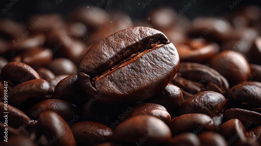 Fototapeta premium Roasted arabica coffee bean texture top view close-up dark brown coffee background flatlay glossy mockup