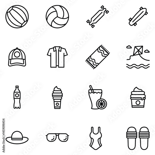 Summer icons . Holiday and Beach web icons in line style. Travel, Vacation, Sunglasses, Soda pop, ice cream, Sunscreen, Pixel Perfect Design Icon Pictogram Collection Vector illustration.