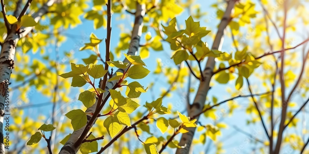 Vibrant new birch leaves unfurl in spring sunlight, foliage, photography Vibrant new birch leaves unfurl in spring sunlight, foliage, photography
