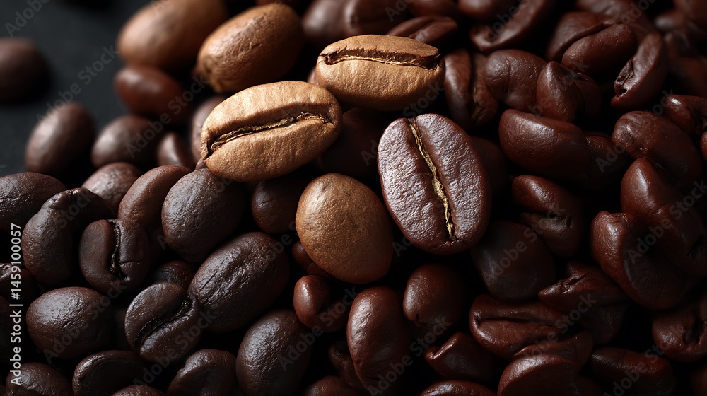 Fototapeta premium Glossy coffee bean texture and roasted arabica flatlay dark brown coffee mockup close-up background