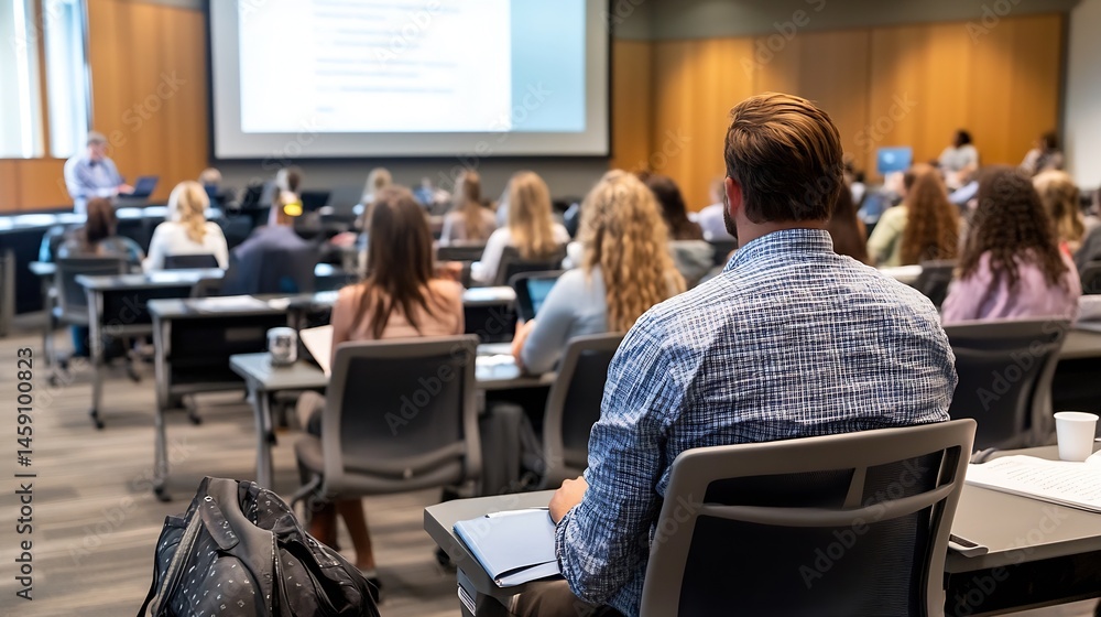 Fototapeta premium Attentive students seated in a lecture hall, focused on a presentation displayed on a large screen, showcasing a modern learning environment. : Generative AI