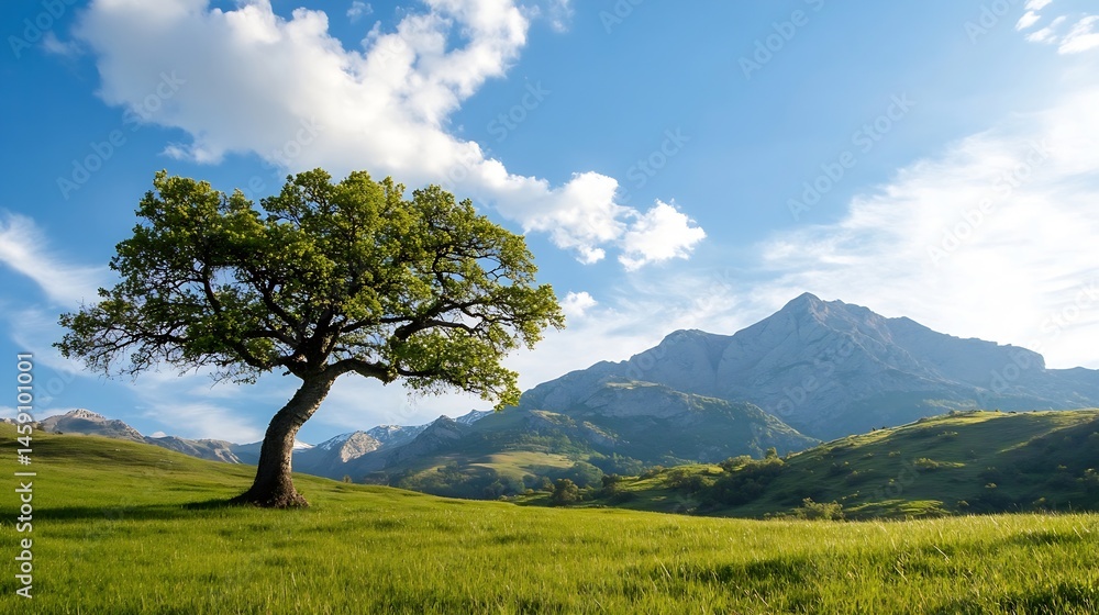 Solitary oak tree on a verdant meadow, majestic mountains under a bright blue sky with fluffy clouds; idyllic summer landscape. : Generative AI Solitary oak tree on a verdant meadow, majestic mountains under a bright blue sky with fluffy clouds; idyllic summer landscape. : Generative AI