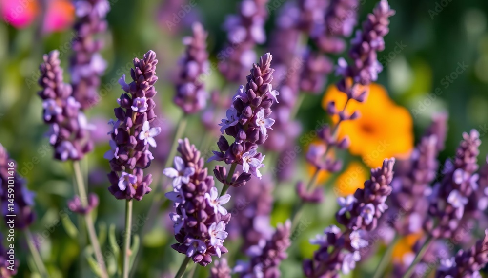 Naklejka premium Vibrant purple lavender blossoms in full bloom, summer fragrance, details, calming