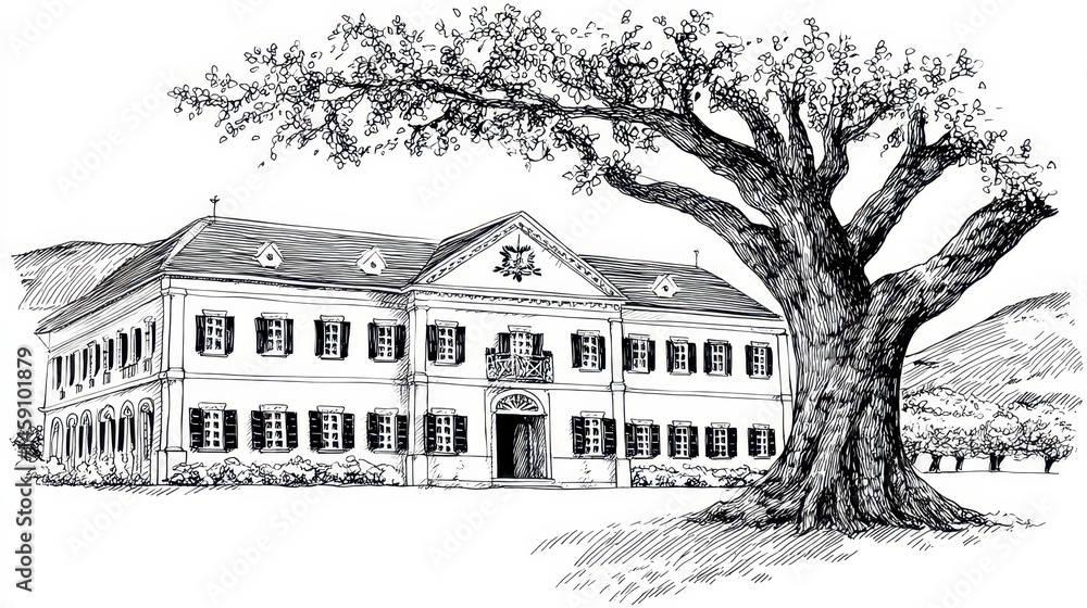 Fototapeta premium Black and White Line Drawing of Rustic Building and Large Tree