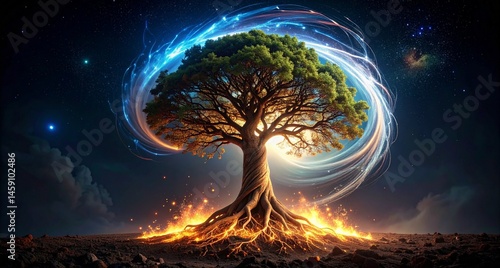 Majestic oak tree growing vertically through violent tornado, glowing roots in cosmic soil