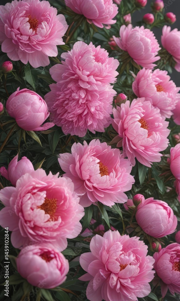 Obraz premium Luscious pink peonies and roses, abundant blooms, copy space , empty space, macro