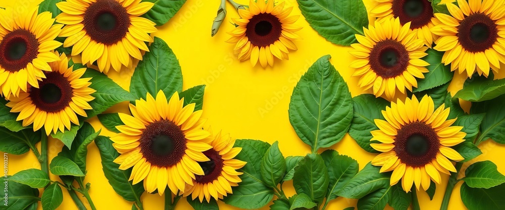 Fototapeta premium Vibrant sunflowers, lush green leaves, flat lay on yellow background Harvest, agriculture, farming theme, floral design, botany