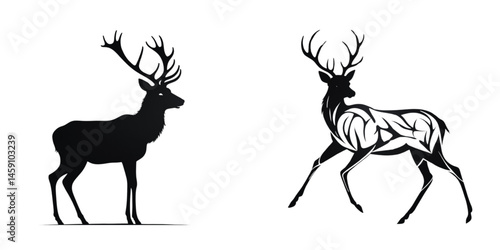 Two deer silhouettes one solid and one with abstract line art design