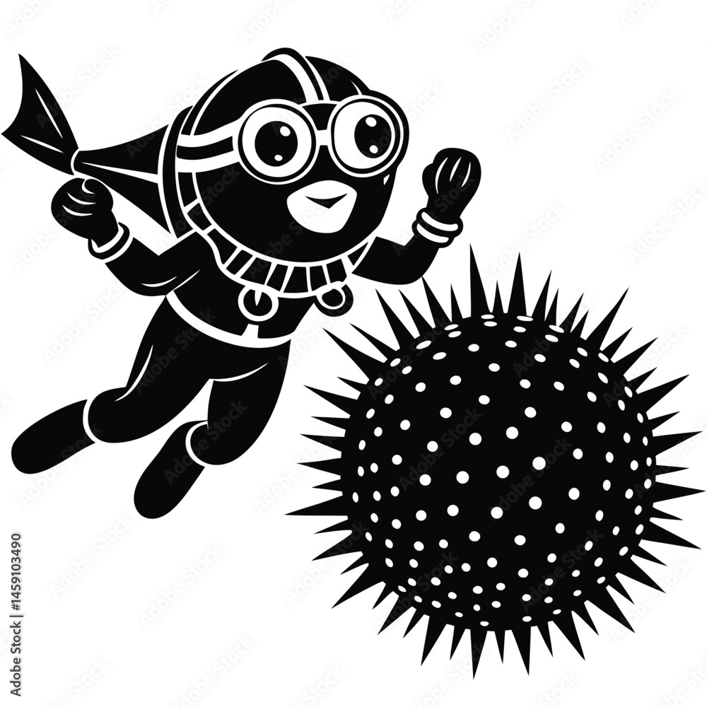 scuba diving vector silhouette illustration Diver floating with pufferfish scuba diving vector silhouette illustration Diver floating with pufferfish
